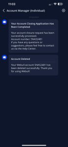 Steps to close Webull account settings menu on mobile trading app