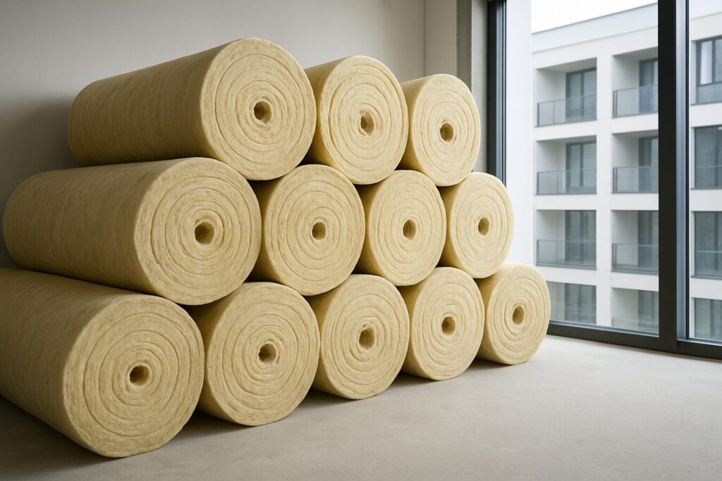 Stacked rolls of insulation material in a bright indoor setting next to large windows