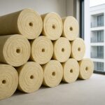 Stacked rolls of insulation material in a bright indoor setting next to large windows
