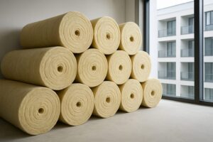 Stacked rolls of insulation material in a bright indoor setting next to large windows