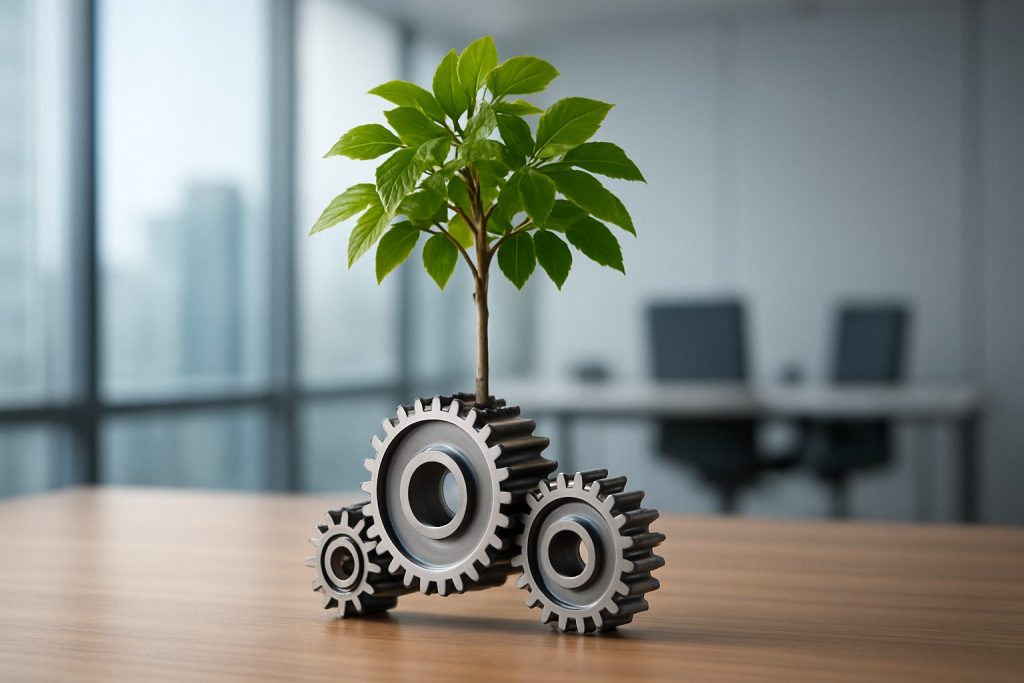 A potted plant growing from a set of interlocking gears on a wooden table, symbolizing sustainable growth.