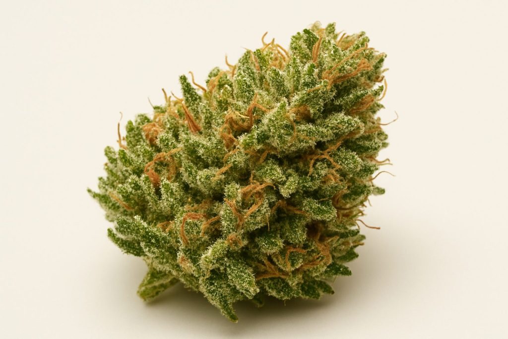 close-up of a green cannabis bud with white trichomes